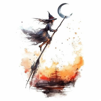watercolor style, Witch on the broomstick: A long, slender broomstick associated with witches and their transportation. clipart, isolated on white background, 4K