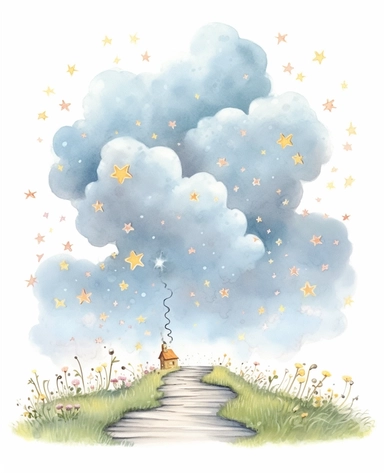 Dreamy Cloud Path: A clipart depicting a fluffy cloud pathway leading to a hidden door, with whimsical details like stars and twinkling lights along the way. Magical, love. Children's book illustration style, alison lester illustration style, whimisical childrens illustration, cute, color, white background. no border