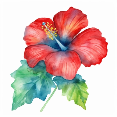 A watercolor painting of a red hibiscus flower with a blue and green background, Watercolor clipart, isolated on white background