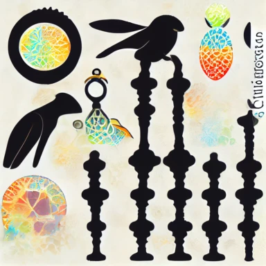 1 keyhole silhouette on white background, sacred geometry embellishments, stone texture, marketing clipart detailed engravings, 1 colorful parrot holding rolled up scroll, style in halftone comic book illustration