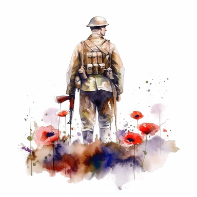 watercolor Canadian soldier during World War 1 In Flanders Fields, clipart, big poppy watercolor flowers, white background