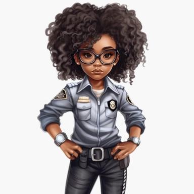 Cool cute black kid police, cool police clothes, female black girl, watercolor style, clipart solid white background