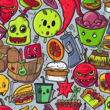 a set of black line clipart inspired by fast food and vampires and muppets and Funko Pop toys