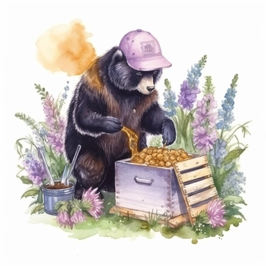 hand drawn black bear that is wearing a beekeeper outfit, smoking the beehive and honey and honeycomb is in crates, bumblebees, purple flowers and grass, very detailed, very realistic, watercolor, clipart style
