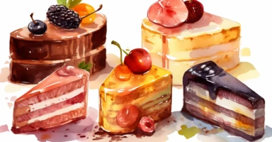 water color clipart some slices of cake with cheese and fruit tucked in, in the style of layered gestures, red and brown, multilayered, intense close-ups, bloomcore, ferrania p30, magewave