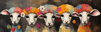 a row of cute miniature lambs, a collage of mixed media art made with tissue paper, magazine and newspaper clippings, oil paint, graphite pencil lines and fabric, in the style of playful surrealism, whimsical, washi tape