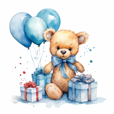 Watercolor Teddy Bear , Blue present box with ribbon, Baby Shower for a boy, Clipart, smilling, sweet, cuddly, happy, playfull, playing, diffrent pose, Transparent background PNG, Blue Aeroplane Balloons q2 v4