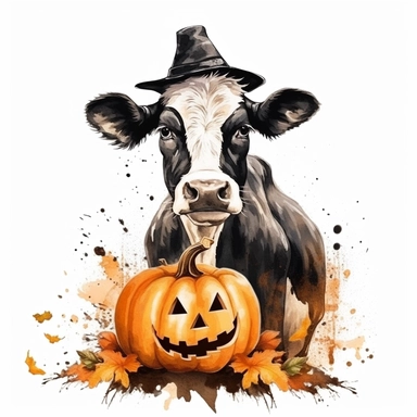 halloween cow Sublimation Clipart, Cartoon, hyper realistic, intricate detail, illustration style, high solution, on the white background, watercolor