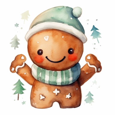 a cute watercolour gingerbread with an happy face and a christmas beanie on drawed in soft colours aquarell cartoon clip art