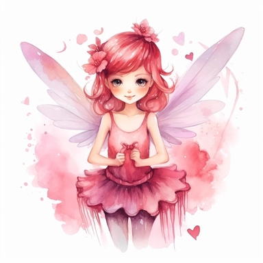 cute adorable forest fairy, pink forest fairy, fairy with wings, fairy loves hearts, fairy is happy smiling, fairy, watercolour illustration, soft light, fairy forest, clipart