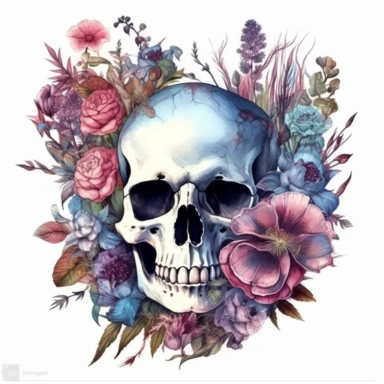 Clipart, fantasy skull with a lot of flowers and plants, hyper detailed, floral, feather, leaves, deep shadows, watercolor, gothic, pink and marsh blue, vintage style, white background