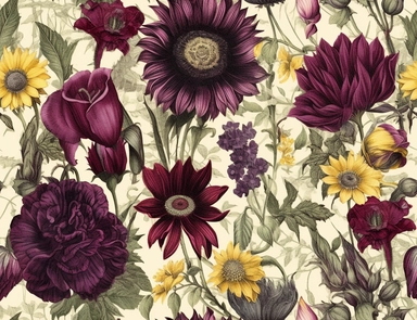 Vintage seamless pattern of Sunflowers, black calla lilies, dark purple carnations, and burgundy scabiosa flower mix pencil sketch, ephemera paper design with ornate illustrations, vintage, distressed textures, muted colors, craft paper texture, handwriting lines in background, pen and ink on paper with watercolor washes Watercolor, vector, white background, rice paper texture, clipart, Seamless patterns, repeating patterns design, flat illustration, outlined , Vector, 4K, Art station, digital p
