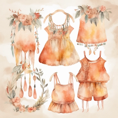 Design a set of watercolor clipart featuring bohemian-style baby clothes such as flowy dresses, rompers, and fringed vests. Use earthy tones and delicate lines to capture the free-spirited vibe, white background