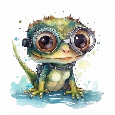 Cute Gecko BABY, BEAUTIFUL big SHINING EYES ,HAPPY, dressed like scuba gear, Watercolor Little Animals Clipart, COLORFUL