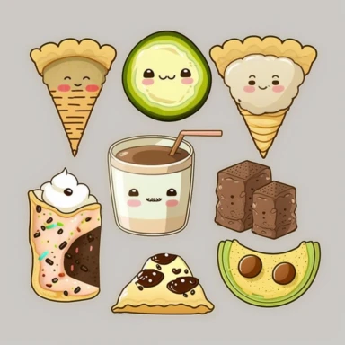 Kawaii Chinese dumplings, cookies and milk, ice cream, avocados, tacos, nutella and toast clipart