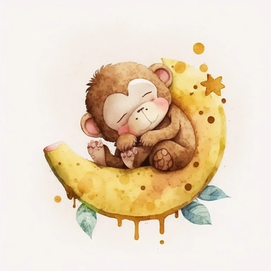 a cute cartoon monkey is sleeping isolately on a banana clipart with watercolor illustration, white bg