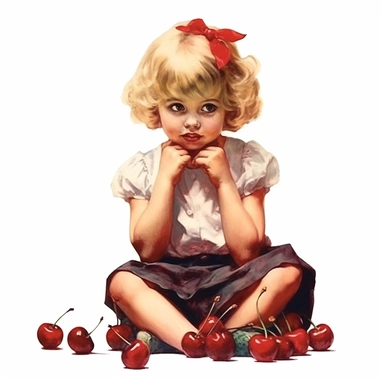 adorable little vintage girl sitting on a big bunch of glossy ripe cherries, face looking straight, full body, clipart style, accurate details, oil painting technique, super high quality, professional watercolor clipart, high resolution