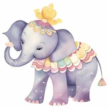One cute decorated circus elephant clipart, style as seen on Etsy. Cartoonish appearance with exaggerated body proportions, but atomically correct limb positions and number. Elephant is lying down, with legs tucked under his body, trunk curled arround. Perfect for decorating a baby's nursery. Varied bright pastel watercolors, loose, gestural brush strokes. Dreamy, ethereal, lively, playful. Lots of cute details, such as stars, clouds, flowers, hearts and balloons. Decorative patterns, like polka