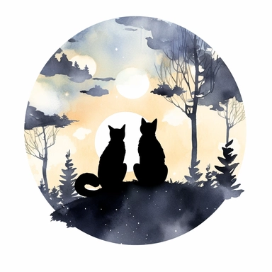 This highly detailed watercolor clipart showcases a captivating night landscape, featuring silhouettes of cats sitting gracefully in front of a glowing moon, against a serene white background. The artwork captures the enchanting ambiance of the nocturnal scene with remarkable precision. The cats are depicted with intricate brushstrokes, highlighting their elegant forms against the moon's radiant glow. Against the clean white backdrop, this clipart evokes a sense of mystery and whimsy, making it 