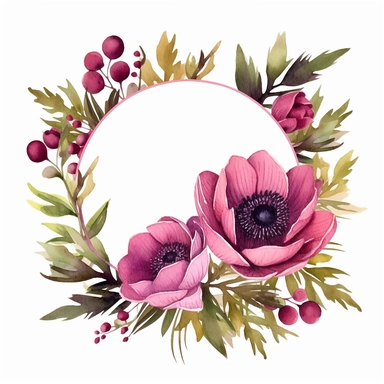 dark Magenta anemone flower bunch, watercolor, clipart, highly detailed, HD, flowers arranged in a square-shaped frame