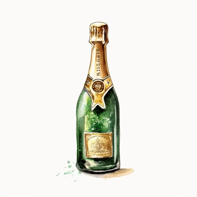 watercolor gold and green birthday Champagne bottle open pop drawing, illustration clipart, high detailed, white background, digital art