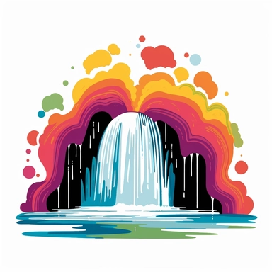 very simple yet funky clipart comic image of a 60s style waterfall with rainbow water a white background