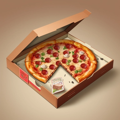 An intricately detailed illustration of a pizza in the pizza box, rendered in a realistic style with rich textures and shading to evoke a sense of depth and realism. The mood is sophisticated and indulgent, with a focus on the decadent toppings and high-quality ingredients. The lighting is soft and warm, creating a cozy ambiance. Vector illustration, clipart, white background.