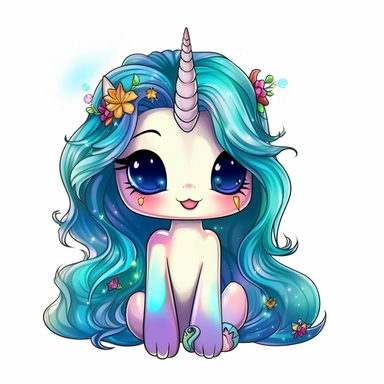 cute unicorn pet, extra long hair, tiny chibi body, rainbow skin tone, blue eyes, butterfly wings, tiara, clipart, sticker, retrowave style, no background, hd