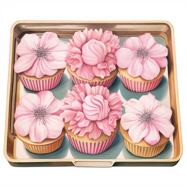 watercolor ultra realistic and hyper detailed illustration of a display tray with vintage pastel pink flower cupcakes, clipart, white background