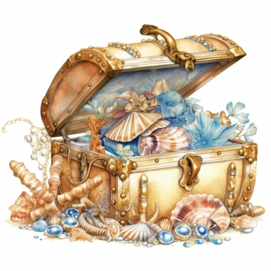 a treasure chest, brimming with untold riches, rests on the sandy ocean floor. The chest gleams with polished gold, adorned with intricate engravings that hint at ancient legends. , azure waters. Delicate seashells and shimmering pearls are scattered nearby, clipart, white background