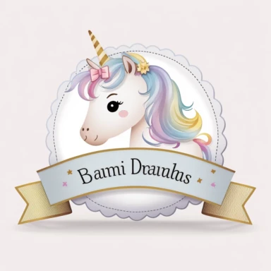 personalised name plate ribbon for text, a large unicorn chibi face, birthday invite, pastel clipart, Watercolour, pure white background