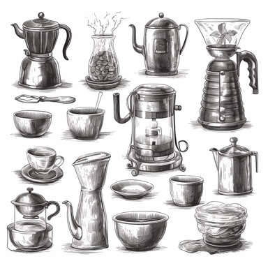 Alternative coffee brewing methods and tools cliparts. Set of coffee machine, hario, utensils, french press, moka, cup, kettle icon. Hand drawn isolated elements for cafe, menu, coffee shop
