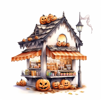 vector watercolor spooky +vintage miniature skinny tiny Halloween bakery stand with Halloween style decor clipart on white background, +miniature small tall Halloween bakery stand, fall, tiny Halloween shop, photorealistic, ultrarealistic, intricate detail, no background, on white, high def, 8k