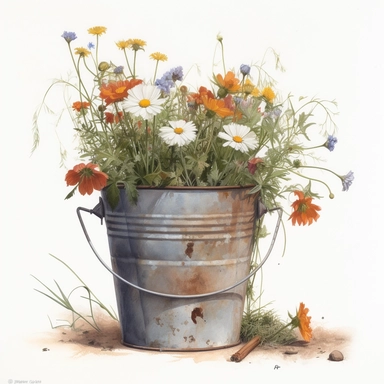 258896 watercolor for a clipart with a white background of wildflowers growing in a rusty metal bucket, hyperrealism, painted by Bo Bartlett