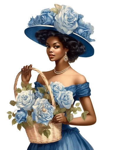 vintage beautiful victorian black woman in shabby chic high class dressholding a basket with blue roses on white background, blue theme, illustration, clipart
