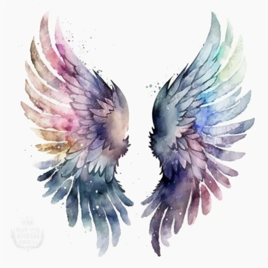 A mesmerizing display of Angel Wings Watercolor Clipart set against a white clear background, infused with the enchanting beauty of the galaxy. The wings come alive with vibrant hues inspired by the cosmos, as if the celestial wonders have been captured on their feathers. One pair of wings radiates with deep purples and blues, reminiscent of distant nebulas and galaxies. Another pair shimmers with shades of midnight black, sprinkled with stardust-like specks of silver and gold. The watercolor te