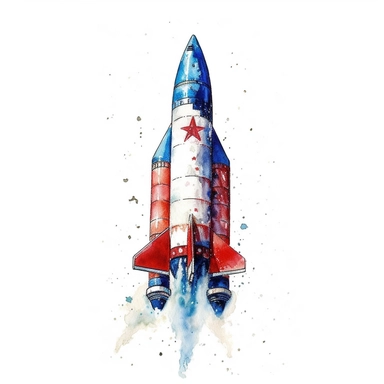rocket, in the style of fourth of july realistic and hyper-detailed watercolor painting, sketchfab, ahmed morsi, realistic watercolor paintings, use of common materials, handcrafted designs clipart red white and blue with white background