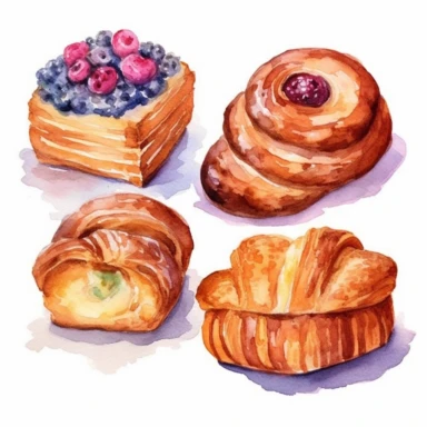 watercolor four Bakery clipart, flat style, no volume, few details, washed out, minimalistic style, very lose details, very light colors, transparent colors, light airy hues and pastel tones, spaced out, white background, washed out colors and paint, hand-painted watercolor, watercolor paper with visible rough paper texture, a variety of watercolor brushes, do not cross workspace borders, rough watercolor paper texture on top