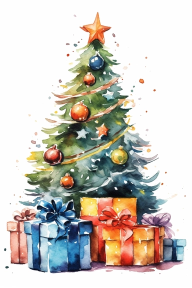 isolated clip art illustrations, christmas theme, christmas tree, gifts, cartoon, watercolor, in a disney style, flat lay, precise, detailed, vibrant color palette
