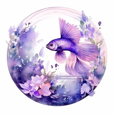 watercolor round aquarium with fish in purple color and surrounded by lavendar flowers clipart, hd, on white background, spaced out