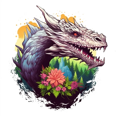 white background, dragon breathing fire, 3d, super closeup, sticker, printable image, photorealistic, artwork t-shirt graphic of majestic forest, in digital painting style , beautiful flowers, sunset mountains and clouds , big vines, plants surround, highly detailed clean, vector image, photorealistic masterpiece, professional photography, realistic, flat white background, isometric, vibrant vector, clipart, illustration, realism, 4k, , cinematic, front view, paradise, extremely white background