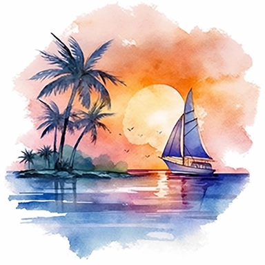 A sailboat watercolor nautical clipart in the summer adventure in floating at the beach with palm trees and a beach shore tropical sunset ambience