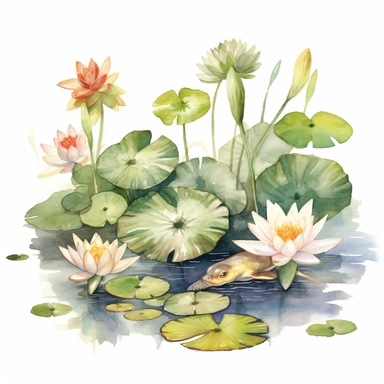 Watercolor Lily Pond Clipart, lily pad and frog pond, CLIPART, fish and birds