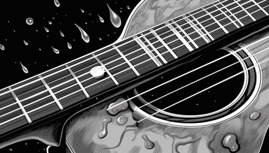 ultra sharp clip art illustration of an classic guitar, extreme closeup, rainy waters, black scaled and realistic drawing with ink and charcoal, HD, UHD resolution, 8k