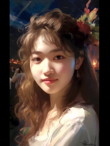 the girl is beatiful, best quality, 8K, bright, front lighting, face shot, fine luster, very deitaled, realistic, figurative painter, Deco art, Oil painting on canvas, beautiful painting by Daniel F Gerhartz, The girl has a bright smile on her face. She is wearing a blue shirt with a cute bowtie on it. She has a pretty hair clip on her head