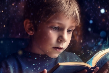 a cute ten-year-old cute boy with blue eyes is reading a a thick big book in the genre of combat marine fantasy, magical magical very very fine sparkling dust small colored sparks from the book, a watercolor clipart, Sharp focus + Close-up textures + Hyper-realistic textures, Color contrast, Precise details, Complexity, hdr. 8k