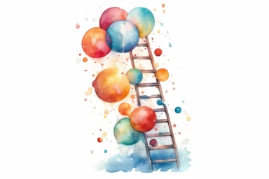Watercolor, Design a playful scene with balloons arranged as a ladder to the moon. clipart, hd, on a white background, spaced out