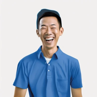 photo-realistic happy Asian man, age 25, wearing a royal blue polo shirt, laughing at a funny joke:3 on white background for vector clipart