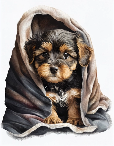 baby dog in a blanket, watercolor clipart, transparent background,