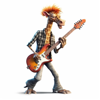 a giraffe as a punk rockstar playing an electric guitar, full body image, pixar style, clipart, white background